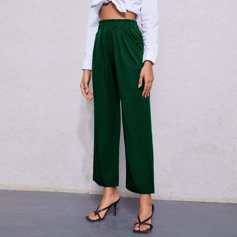 Straight-Leg Cropped Pants with Ruffled Elastic Waist