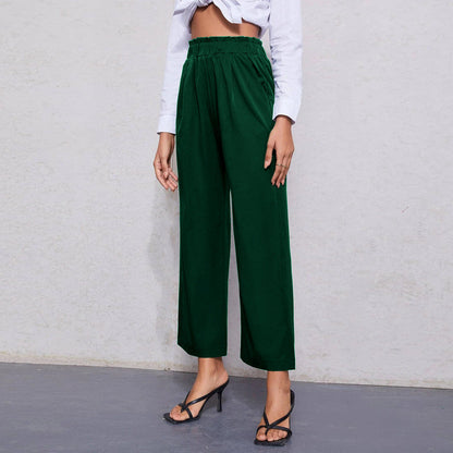 Straight-Leg Cropped Pants with Ruffled Elastic Waist