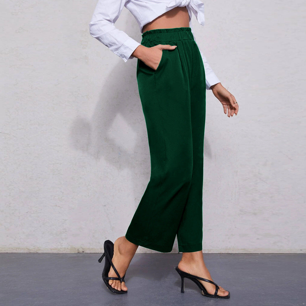 Straight-Leg Cropped Pants with Ruffled Elastic Waist