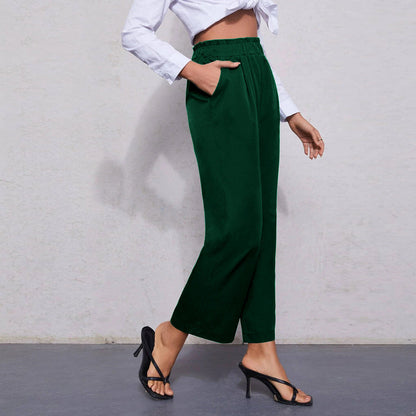 Straight-Leg Cropped Pants with Ruffled Elastic Waist