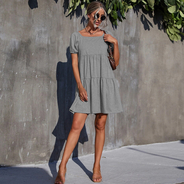Solid Tiered Mini Dress with Square Neck and Puff Sleeves