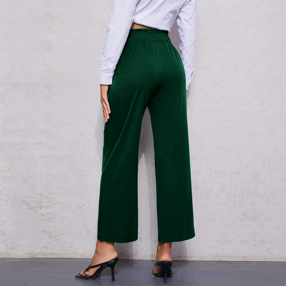 Straight-Leg Cropped Pants with Ruffled Elastic Waist
