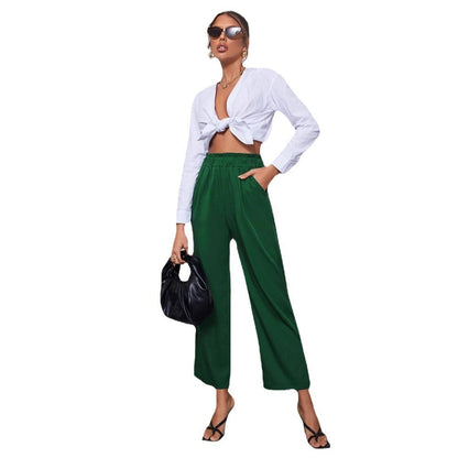 Straight-Leg Cropped Pants with Ruffled Elastic Waist