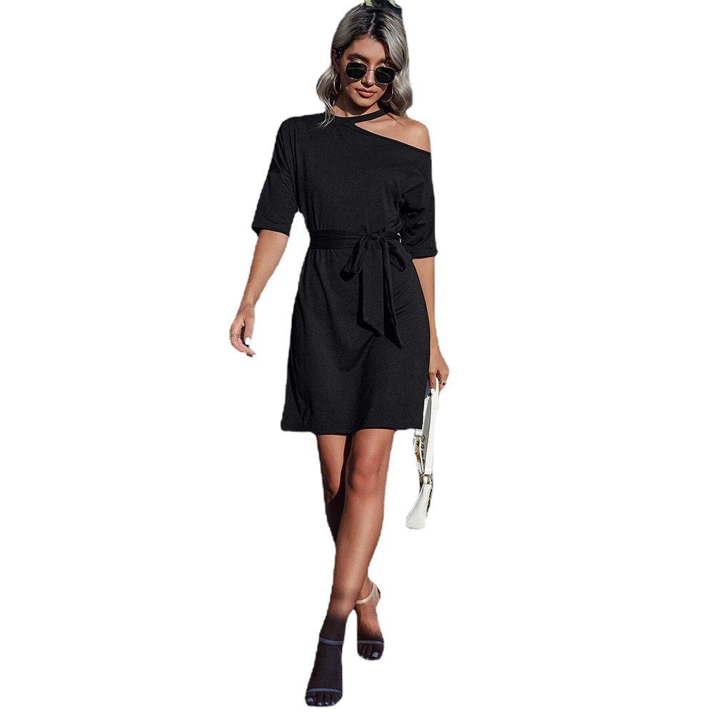 Solid Knit Mini Dress with Asymmetric Shoulder and Tie-Waist