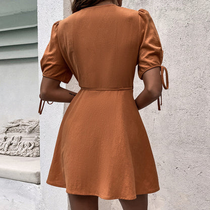 A-Line Wrap Mini Dress with Lantern Sleeves and Tie Cuffs