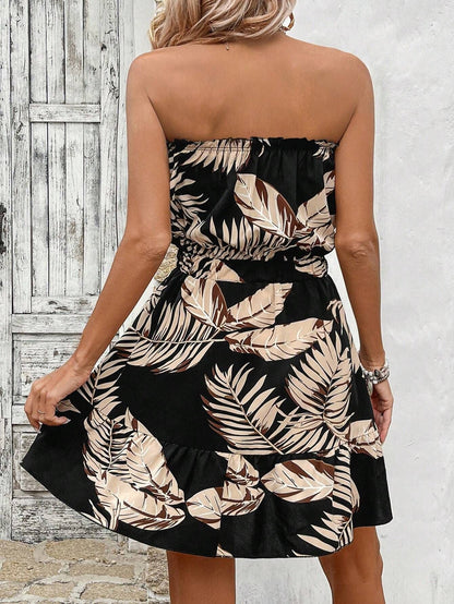 Tropical Leaf Print Strapless A-Line Dress with Button Front
