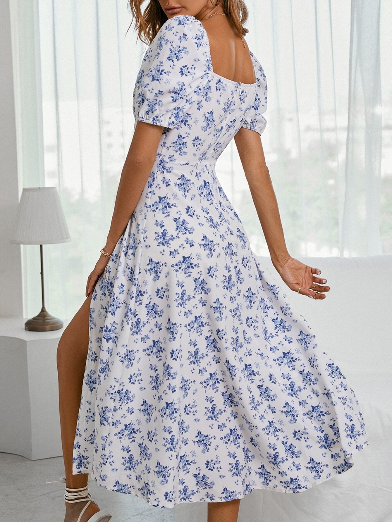 Floral A-Line Maxi Dress with Bubble Sleeves and Front Slit