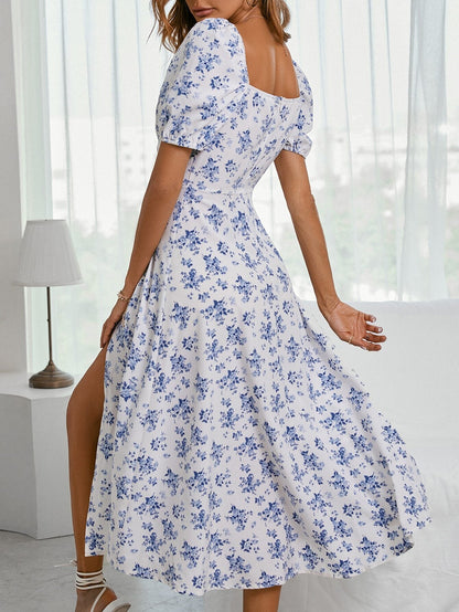 Floral A-Line Maxi Dress with Bubble Sleeves and Front Slit