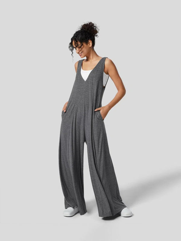 Wide-Leg Sleeveless Jumpsuit with Deep V-Neck and Pockets