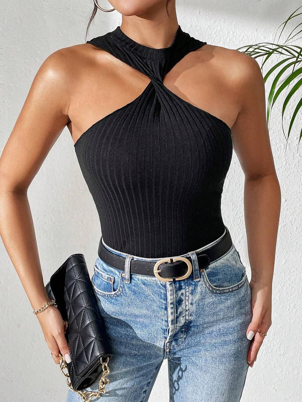 Slim Fit Ribbed Halter Top with Front Twist Detail