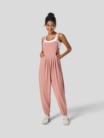 Pleated Bib Overalls with Button Straps and Elastic Cuffs