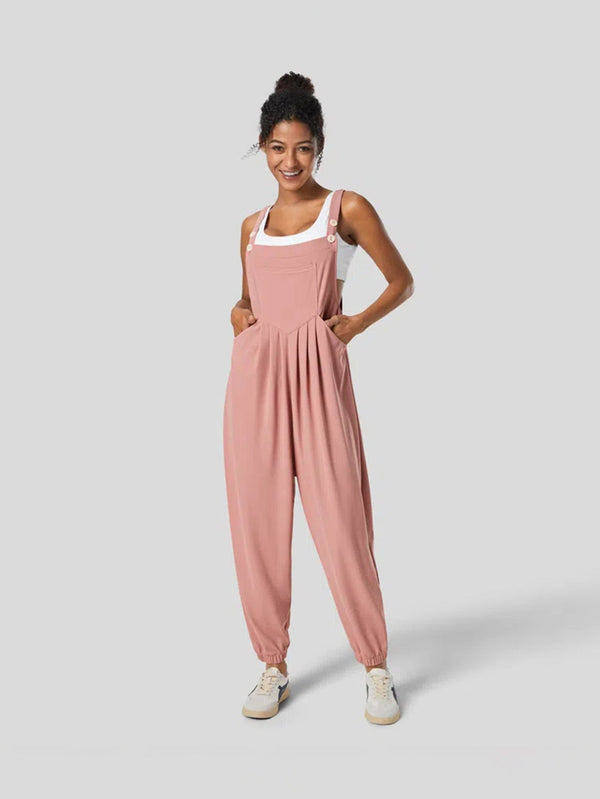 Pleated Bib Overalls with Button Straps and Elastic Cuffs