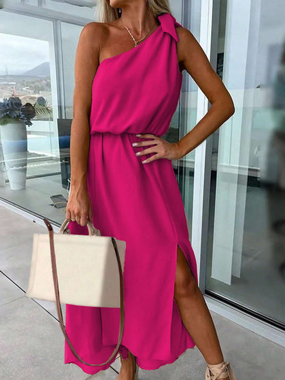 One-Shoulder A-Line Maxi Dress with Tie Detail and Side Split