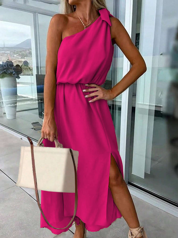 One-Shoulder A-Line Maxi Dress with Tie Detail and Side Split