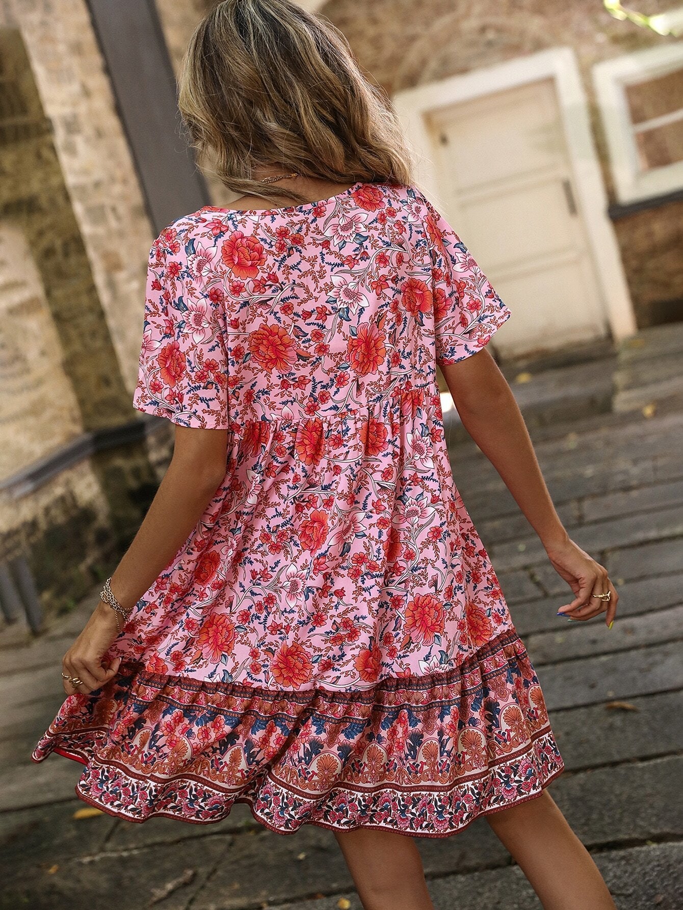 Floral A-Line Mini Dress with V-Neck and Lace-Up Detail