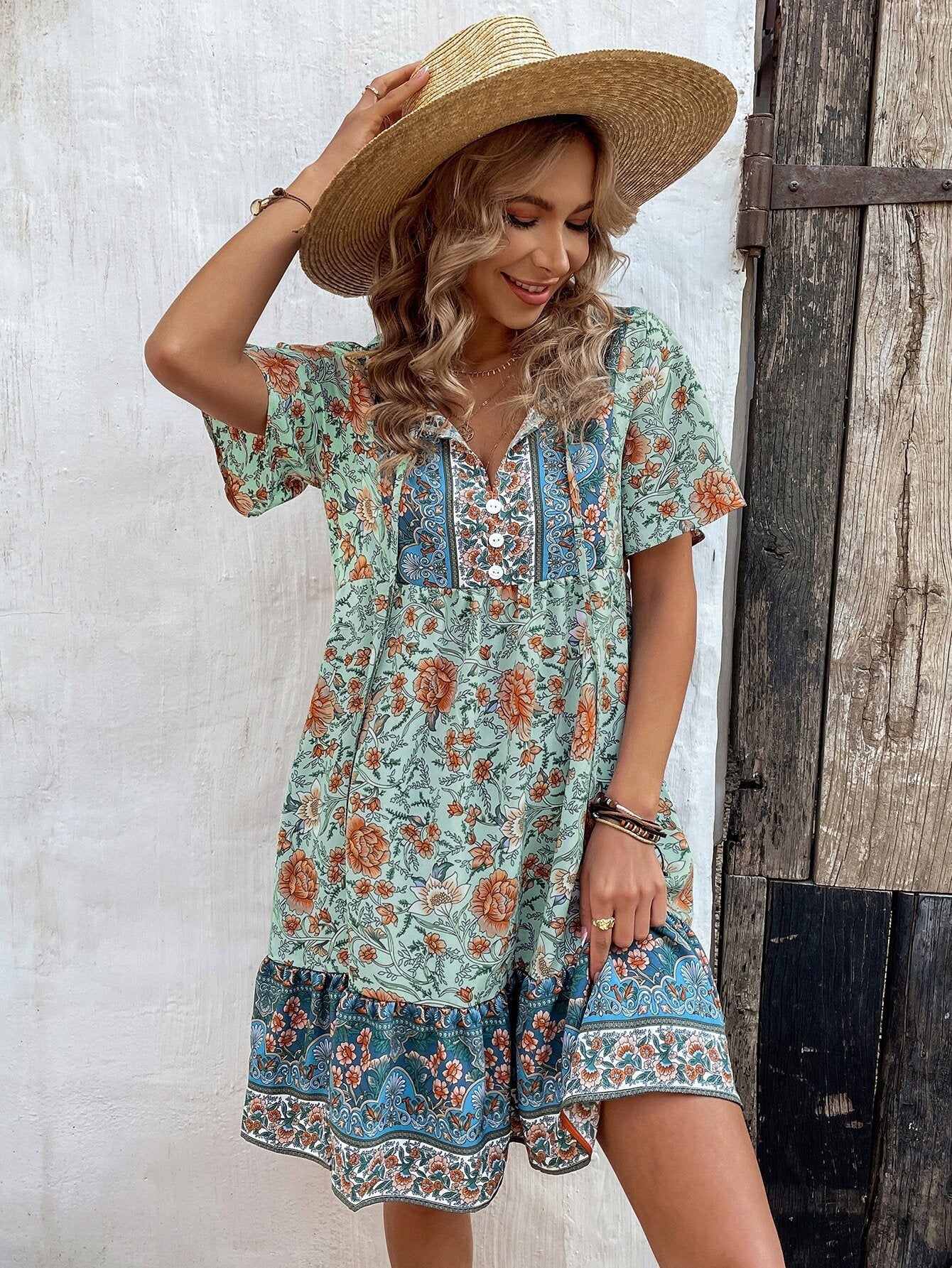 Floral A-Line Mini Dress with V-Neck and Lace-Up Detail