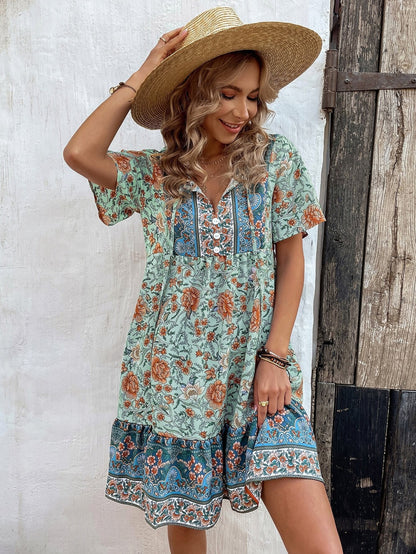 Floral A-Line Mini Dress with V-Neck and Lace-Up Detail