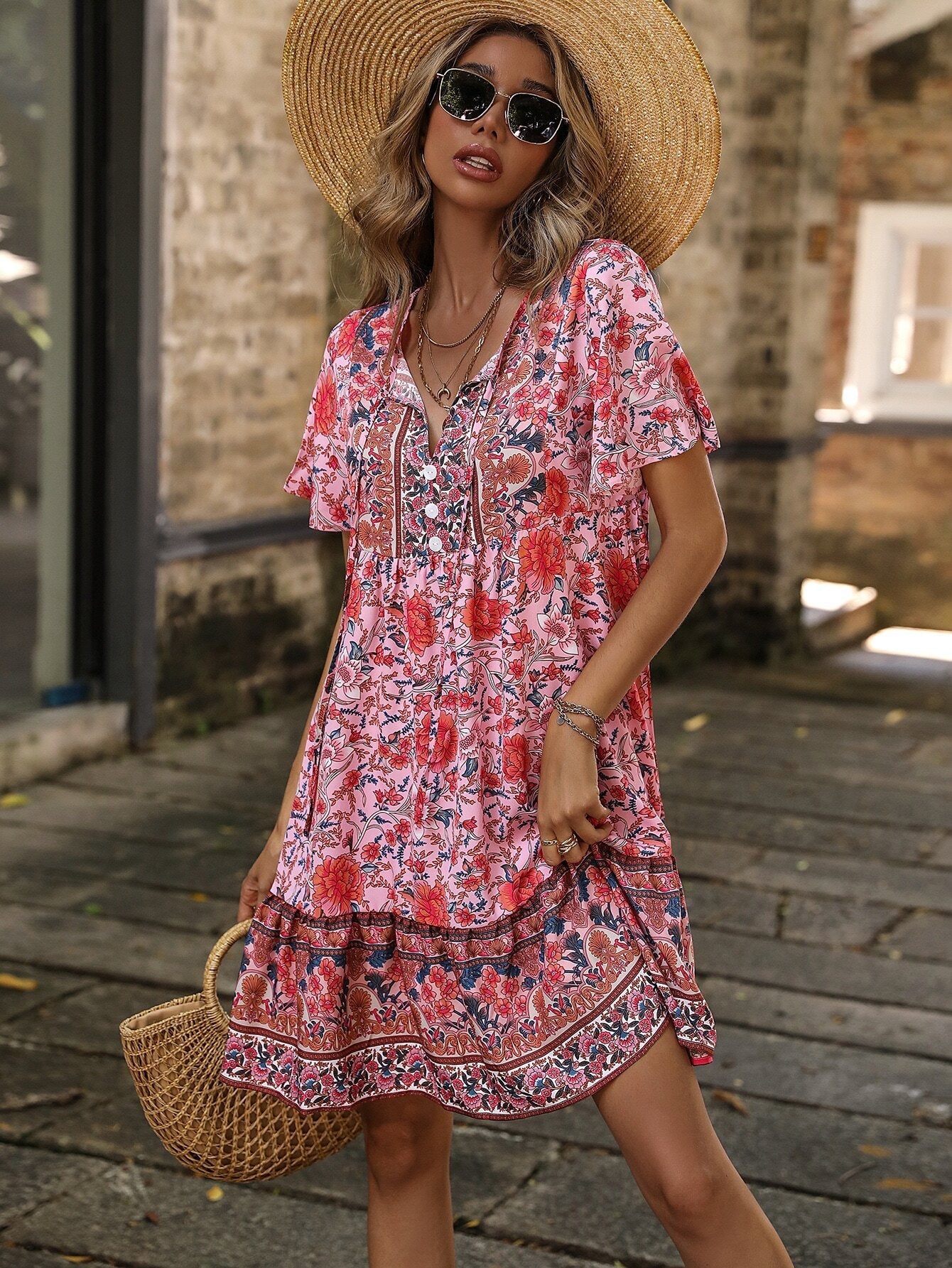 Floral A-Line Mini Dress with V-Neck and Lace-Up Detail