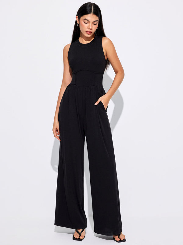 Wide-Leg Sleeveless Jumpsuit with Corset-Style Waist