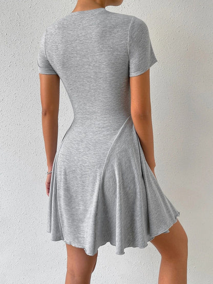 Short Sleeve Knit Mini Dress with Pleated Flare Skirt