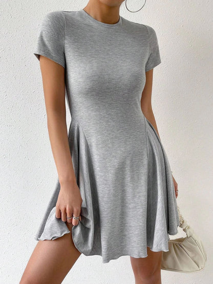 Short Sleeve Knit Mini Dress with Pleated Flare Skirt