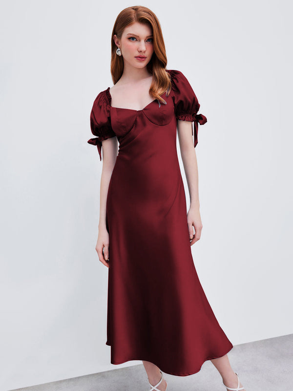 Satin Fishtail Midi Dress with Puff Sleeves and Square Neck