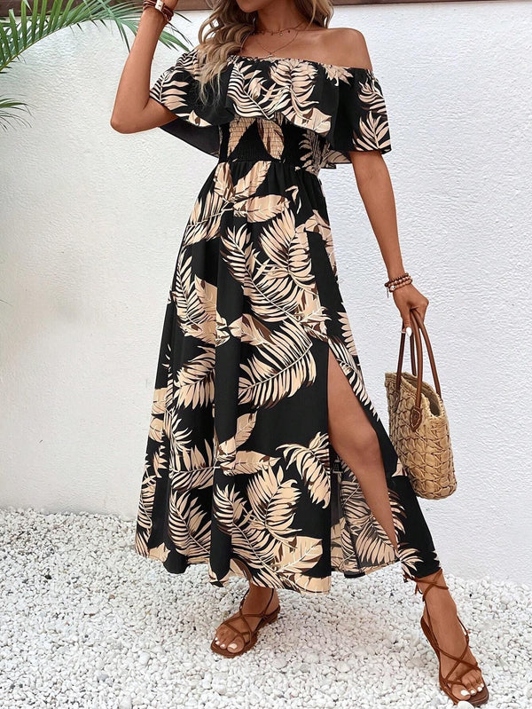Tropical Print Off-the-Shoulder Maxi Dress with Smocked Waist