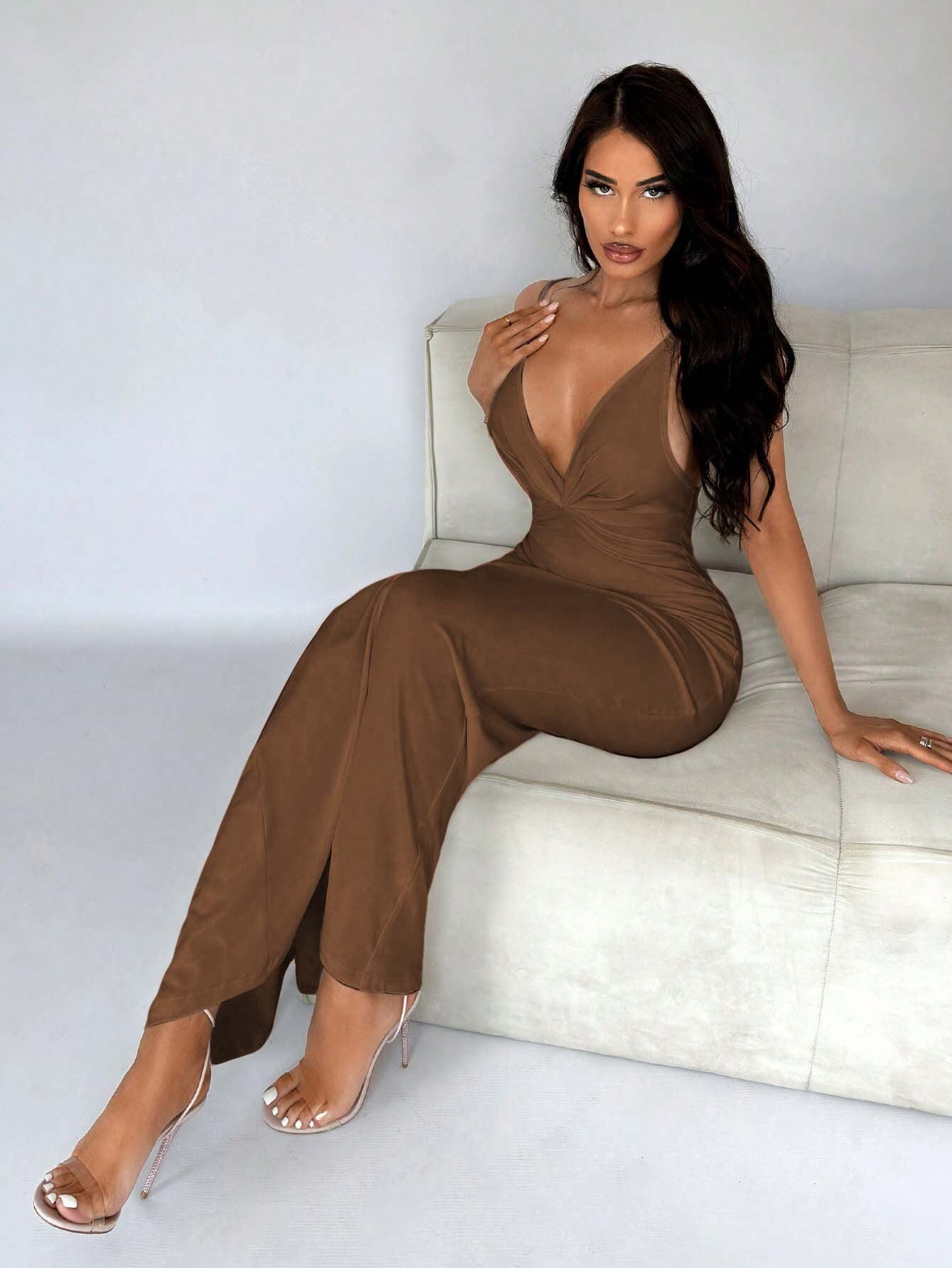 Bodycon Maxi Dress with Deep V-Neck and Ruched Detail