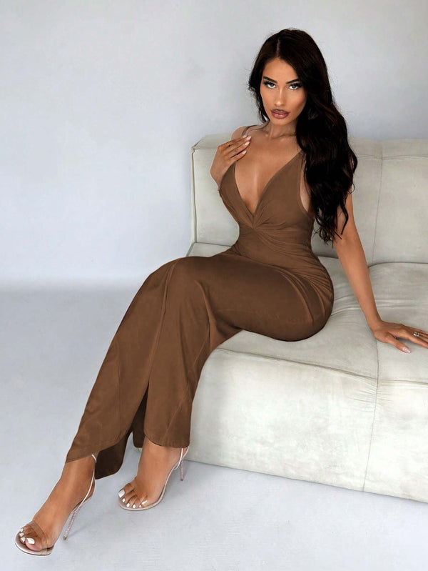Bodycon Maxi Dress with Deep V-Neck and Ruched Detail