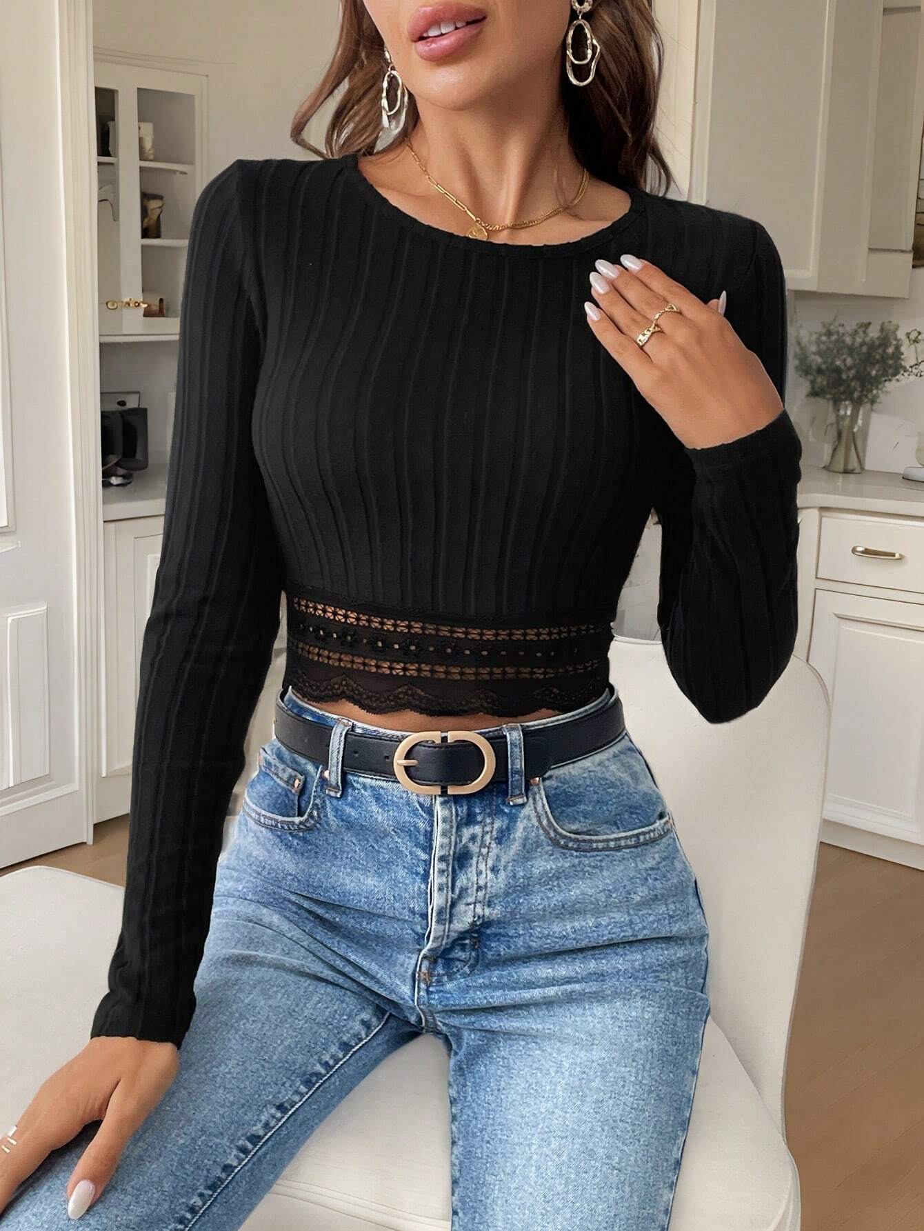 Ribbed Long Sleeve Crop Top with Scalloped Lace Trim
