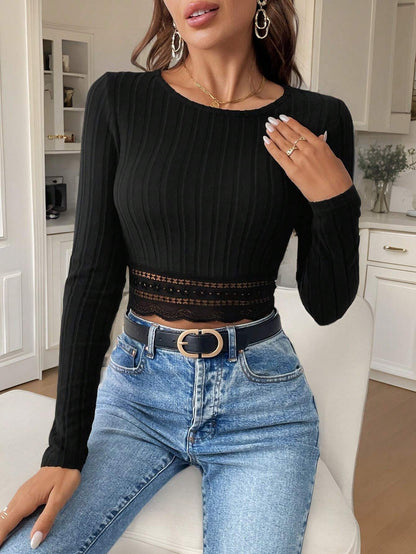 Ribbed Long Sleeve Crop Top with Scalloped Lace Trim