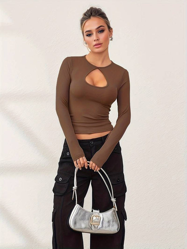 Slim Fit Ribbed Top with Teardrop Front Cutout