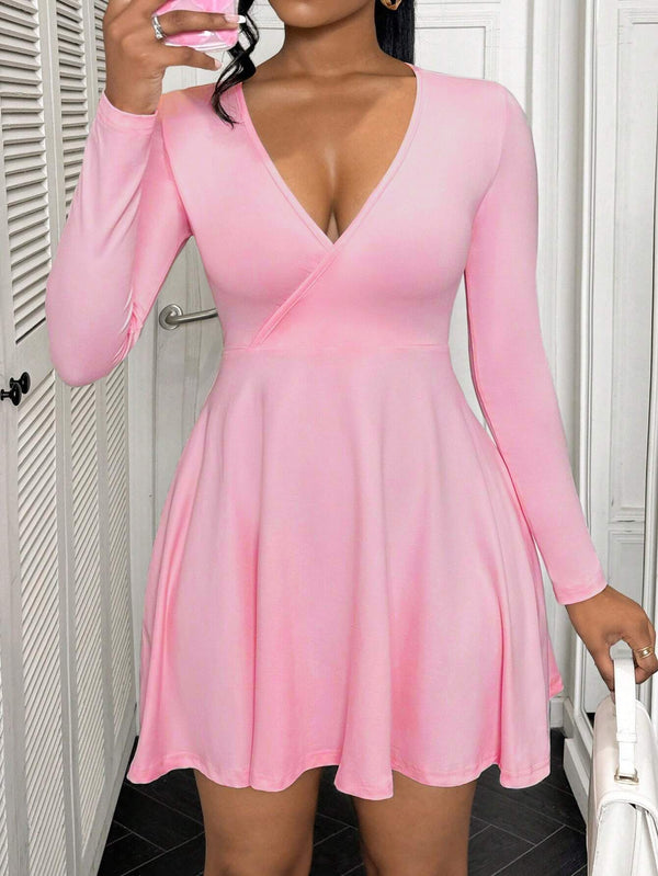 Solid A-Line Mini Dress with V-Neck and Long Sleeves