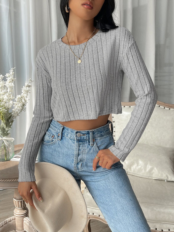 Ribbed Long Sleeve Crop Top with Crewneck