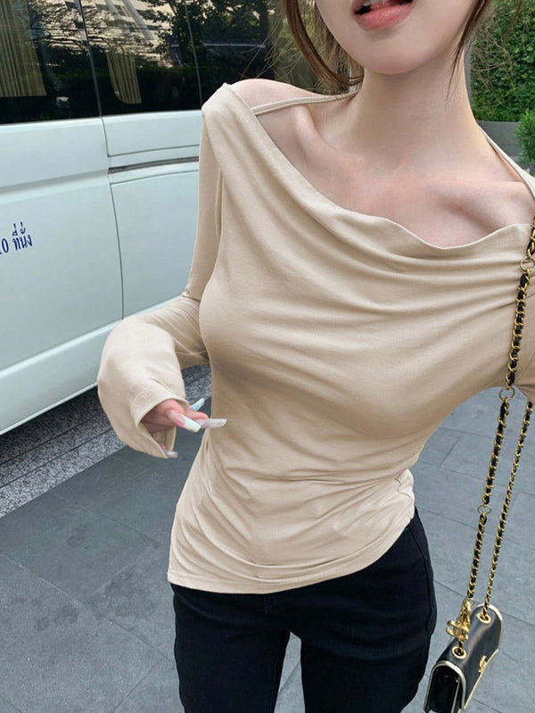 Slim Fit Long Sleeve Top with Swing Collar and Shoulder Straps