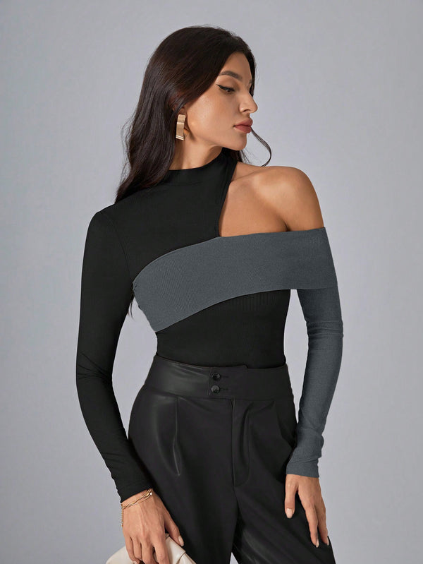 Asymmetric Two-Tone Long Sleeve Top with Shoulder Cutout