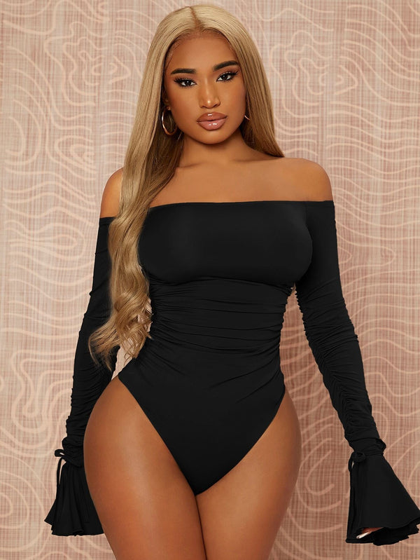 Bodycon Off-the-Shoulder Bodysuit with Ruched Bell Sleeves