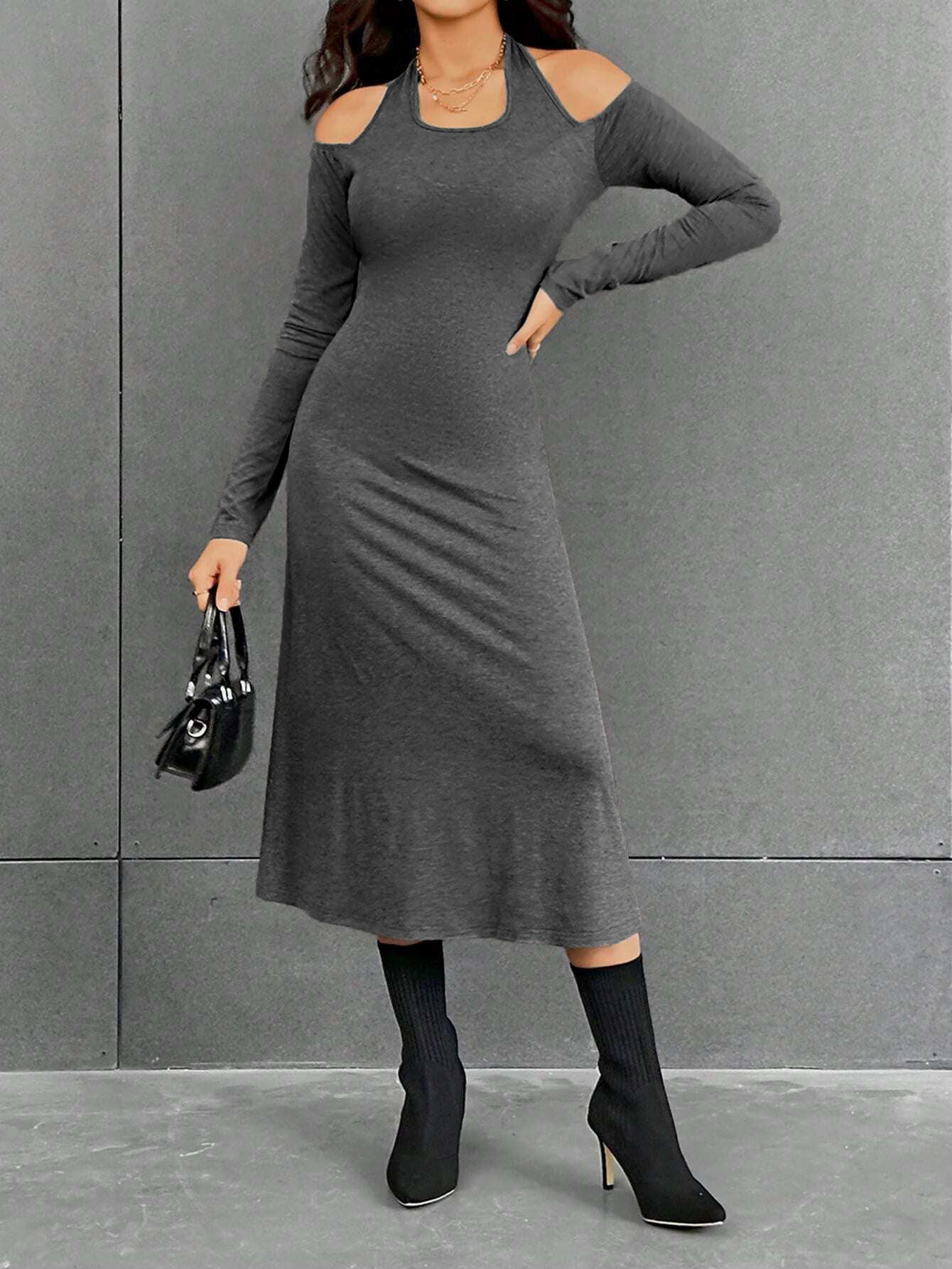 A-Line Midi Dress with Halter Neck and Cold Shoulders
