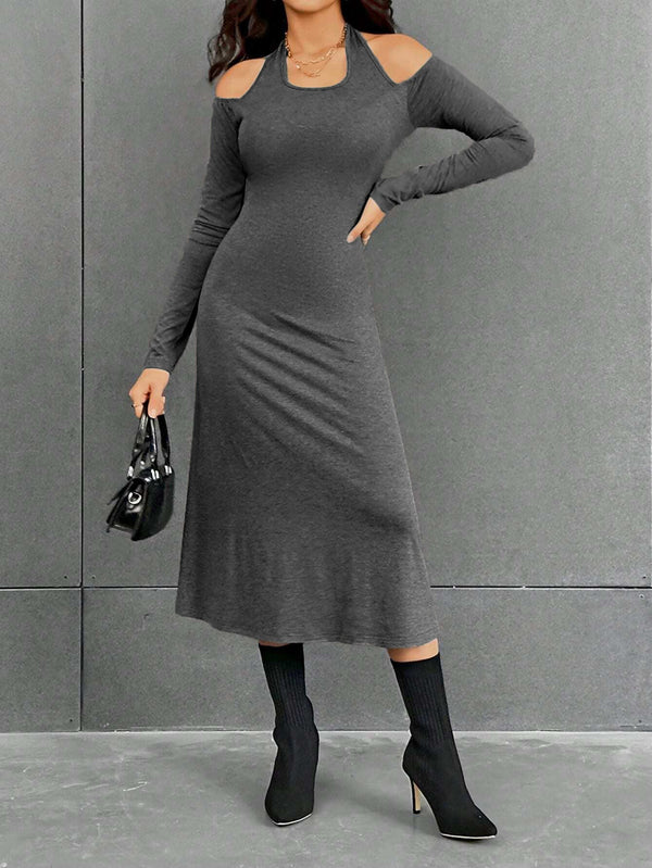 A-Line Midi Dress with Halter Neck and Cold Shoulders