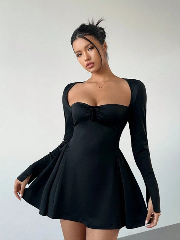A-Line Mini Dress with Square Neck and Long Sleeves