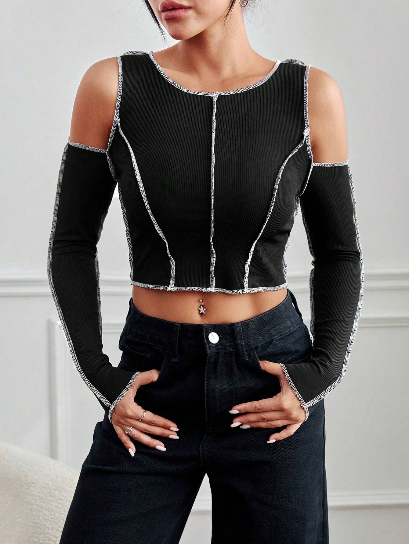 Ribbed Cold-Shoulder Crop Top with Contrast Stitching