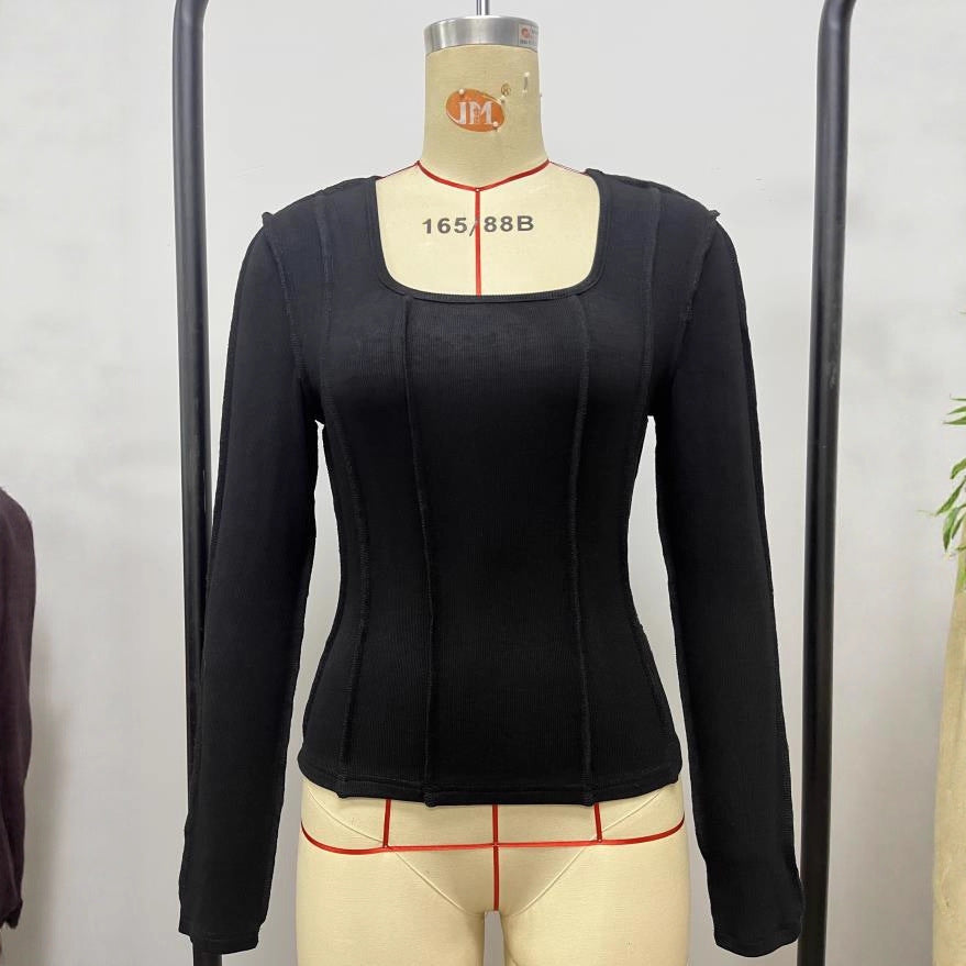 Slim Fit Square Neck Top with Exposed Seam Panelling
