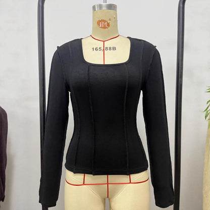 Slim Fit Square Neck Top with Exposed Seam Panelling