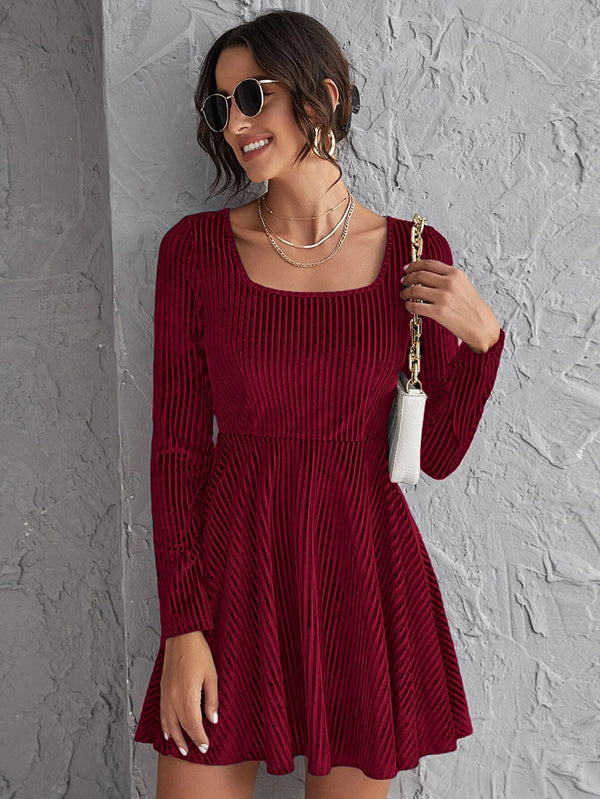 A-Line Ribbed Velvet Mini Dress with Square Neckline