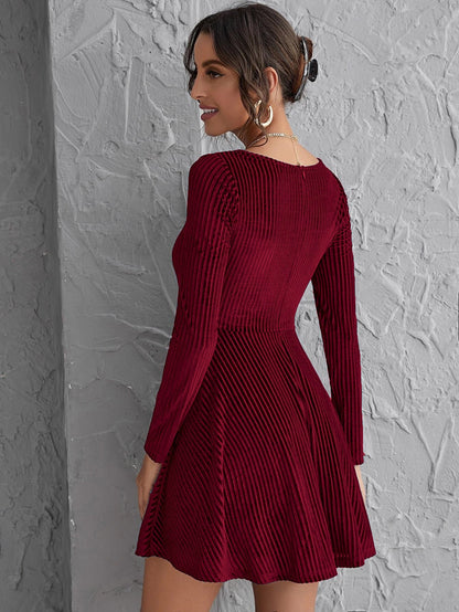 A-Line Ribbed Velvet Mini Dress with Square Neckline