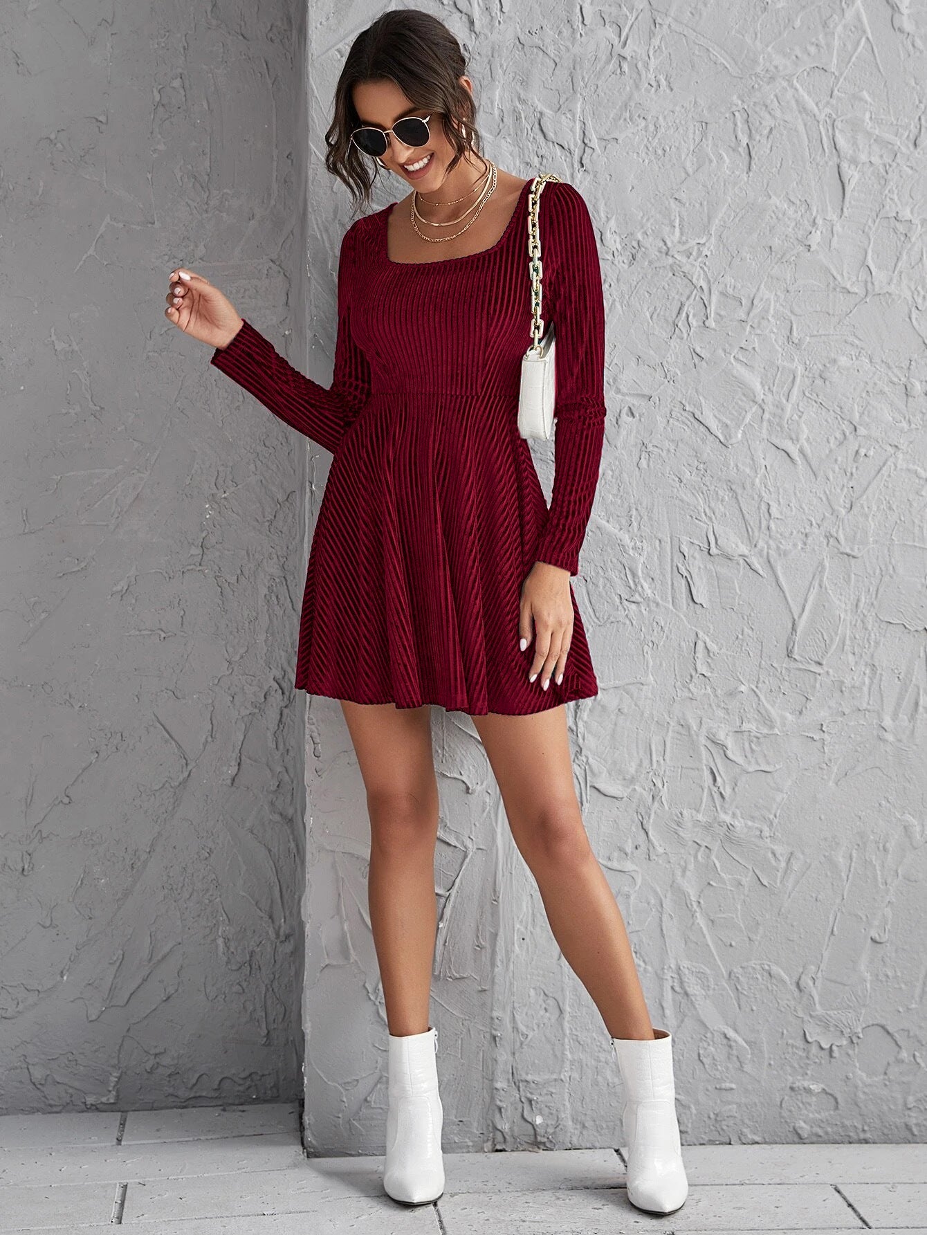 A-Line Ribbed Velvet Mini Dress with Square Neckline