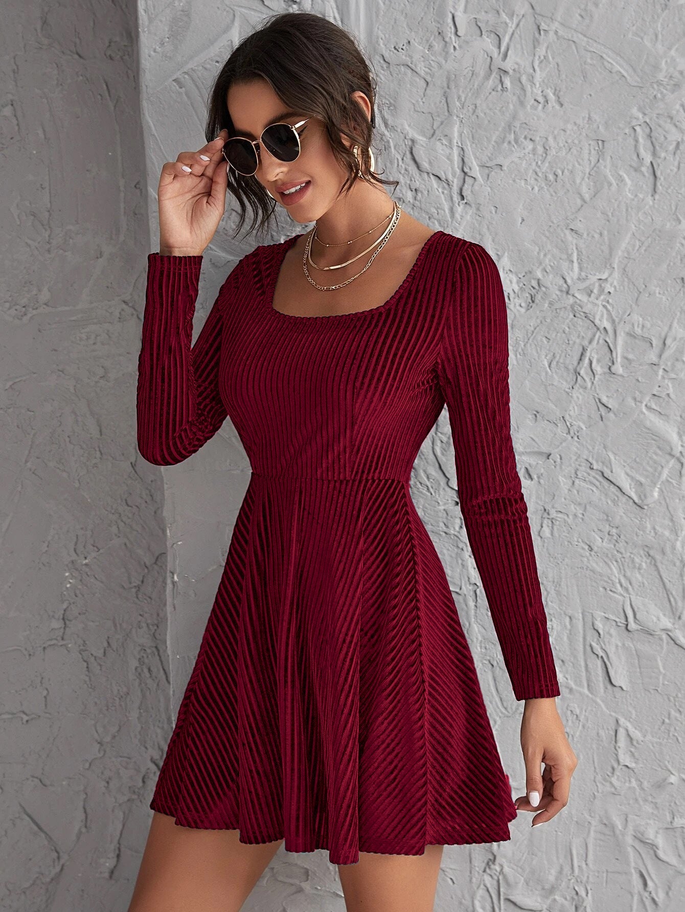 A-Line Ribbed Velvet Mini Dress with Square Neckline