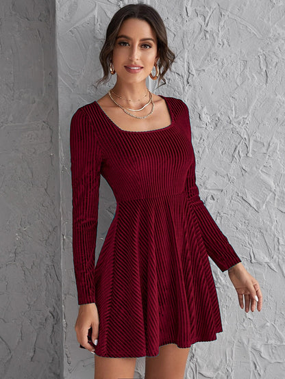 A-Line Ribbed Velvet Mini Dress with Square Neckline