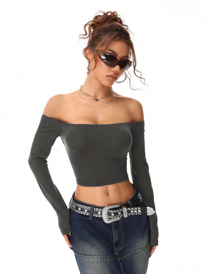 Slim Fit Off-the-Shoulder Long Sleeve Crop Top