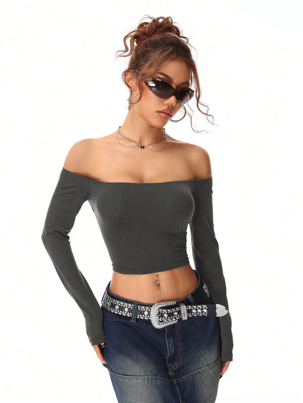 Slim Fit Off-the-Shoulder Long Sleeve Crop Top